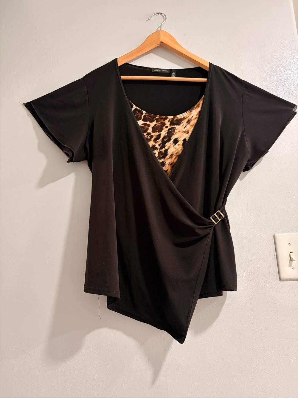 Notations Black Faux Wrap Top with Leopard Inset